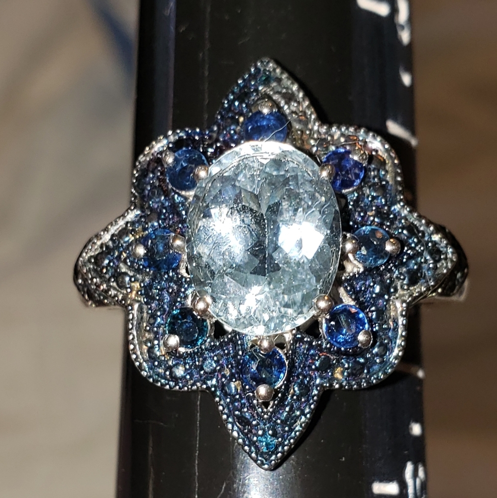 Sz 9, Aquamarine, Blue Sapphire, Blue Diamond, 925 Silver, 6 grams, 3.05 cts,NWT